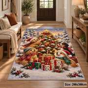 woodland animals around a decorated tree and gifts in snow area rug, holiday room view 2
