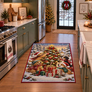 woodland animals around a decorated tree and gifts in snow area rug, holiday room view 3
