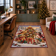 woodland animals around a decorated tree and gifts in snow area rug, holiday room view 4