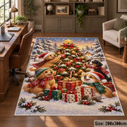 woodland animals around a decorated tree and gifts in snow area rug, holiday room view 5