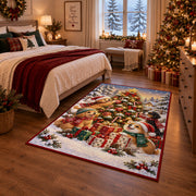 woodland animals around a decorated tree and gifts in snow area rug, holiday room view 6