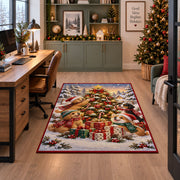 woodland animals around a decorated tree and gifts in snow area rug, holiday room view 7