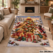 woodland animals around a decorated tree and gifts in snow area rug, holiday room view 8