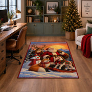 Santa with deer, fox and snowman in moonlit woods area rug, holiday room view 4