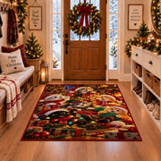 Santa and puppies in holiday hats beside gifts area rug, holiday room view 1