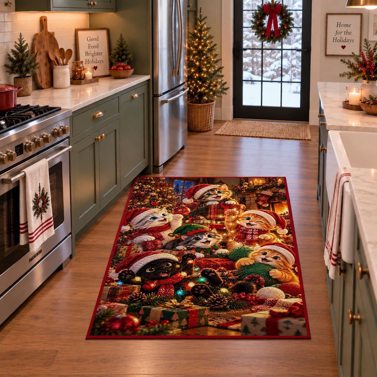Santa and puppies in holiday hats beside gifts area rug, holiday room view 3