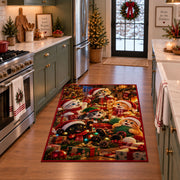 Santa and puppies in holiday hats beside gifts area rug, holiday room view 3