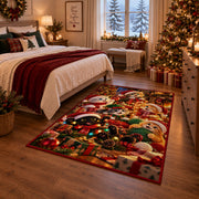 Santa and puppies in holiday hats beside gifts area rug, holiday room view 6