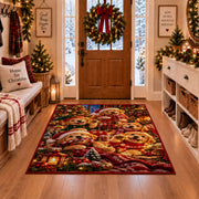 Santa with dogs, lantern and pine branches area rug, holiday room view 1