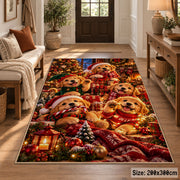 Santa with dogs, lantern and pine branches area rug, holiday room view 2