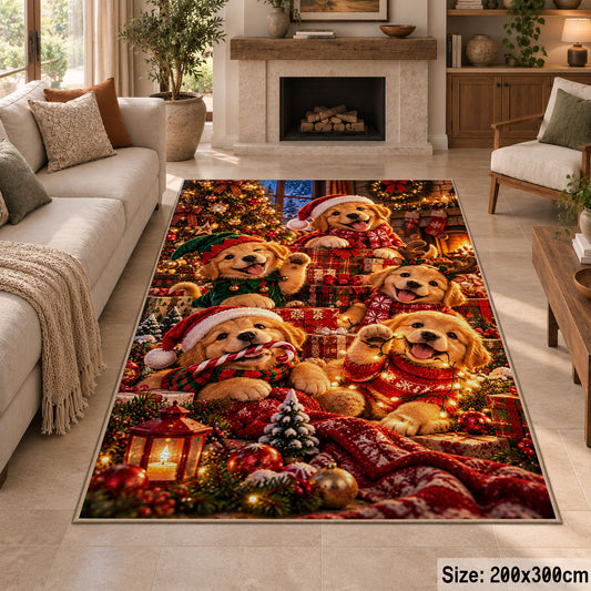 Santa with dogs, lantern and pine branches area rug, holiday room view 8
