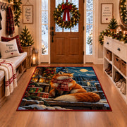 red fox in winter scarf by gifts near a snowy cabin area rug, holiday room view 1