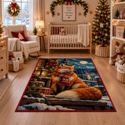 red fox in winter scarf by gifts near a snowy cabin area rug, holiday room view 10