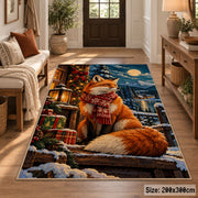 red fox in winter scarf by gifts near a snowy cabin area rug, holiday room view 2