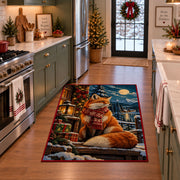 red fox in winter scarf by gifts near a snowy cabin area rug, holiday room view 3
