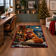red fox in winter scarf by gifts near a snowy cabin area rug, holiday room view 4
