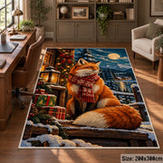 red fox in winter scarf by gifts near a snowy cabin area rug, holiday room view 5
