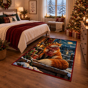 red fox in winter scarf by gifts near a snowy cabin area rug, holiday room view 6