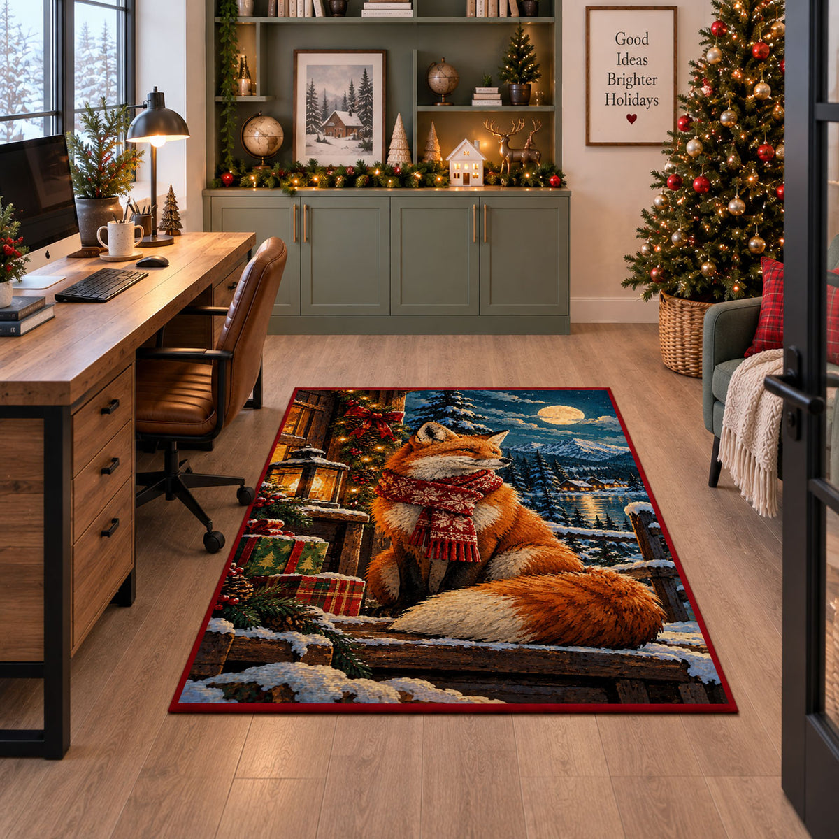red fox in winter scarf by gifts near a snowy cabin area rug, holiday room view 7