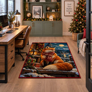 red fox in winter scarf by gifts near a snowy cabin area rug, holiday room view 7