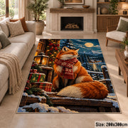 red fox in winter scarf by gifts near a snowy cabin area rug, holiday room view 8
