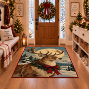 large reindeer portrait with a holiday wreath and red bow area rug, holiday room view 1