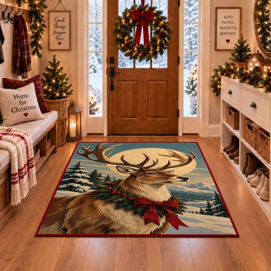 large reindeer portrait with a holiday wreath and red bow area rug, holiday room view 1