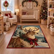 large reindeer portrait with a holiday wreath and red bow area rug, holiday room view 10