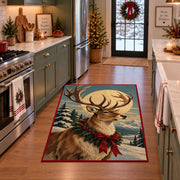 large reindeer portrait with a holiday wreath and red bow area rug, holiday room view 3