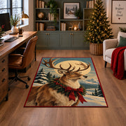 large reindeer portrait with a holiday wreath and red bow area rug, holiday room view 4