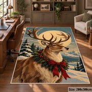 large reindeer portrait with a holiday wreath and red bow area rug, holiday room view 5