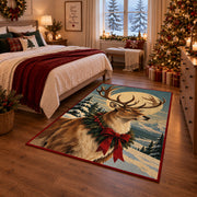 large reindeer portrait with a holiday wreath and red bow area rug, holiday room view 6