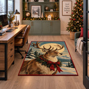 large reindeer portrait with a holiday wreath and red bow area rug, holiday room view 7