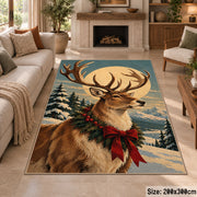large reindeer portrait with a holiday wreath and red bow area rug, holiday room view 8