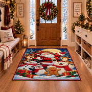 Santa, snowmen, penguin and gingerbread friends in snow area rug, holiday room view 1