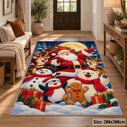 Santa, snowmen, penguin and gingerbread friends in snow area rug, holiday room view 2