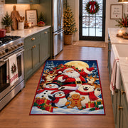 Santa, snowmen, penguin and gingerbread friends in snow area rug, holiday room view 3