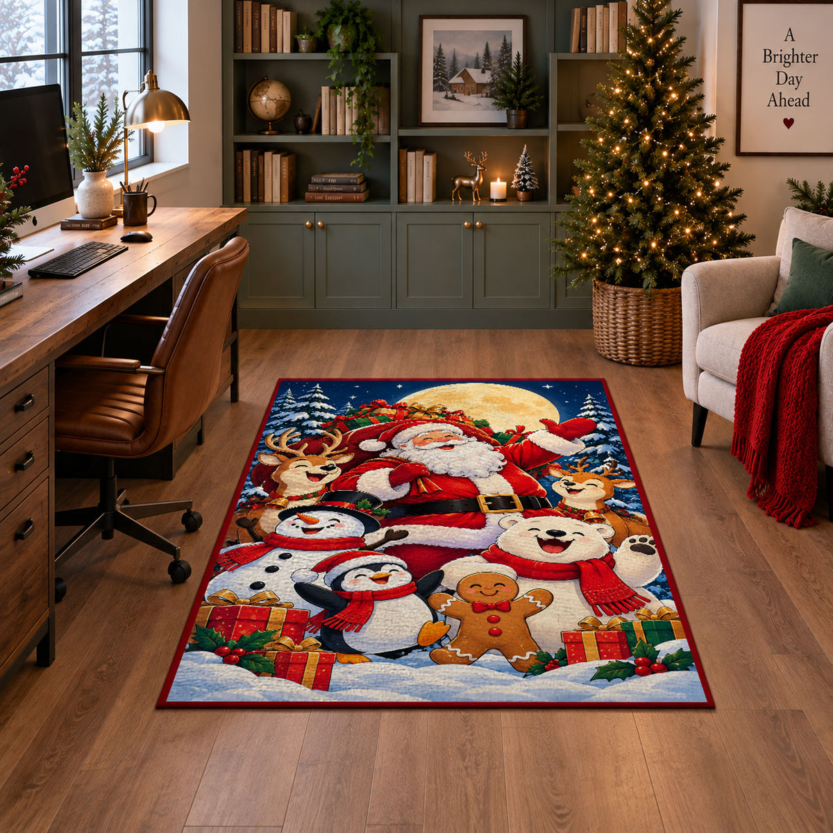 Santa, snowmen, penguin and gingerbread friends in snow area rug, holiday room view 4