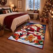 Santa, snowmen, penguin and gingerbread friends in snow area rug, holiday room view 6