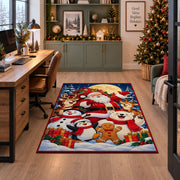 Santa, snowmen, penguin and gingerbread friends in snow area rug, holiday room view 7