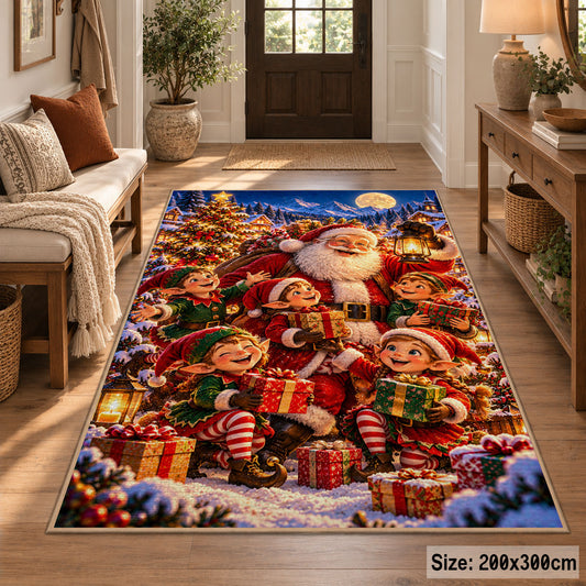 Santa with snowmen, penguin and gingerbread in bright snow area rug, holiday room view 2