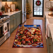 Santa with snowmen, penguin and gingerbread in bright snow area rug, holiday room view 3