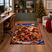 Santa with snowmen, penguin and gingerbread in bright snow area rug, holiday room view 4
