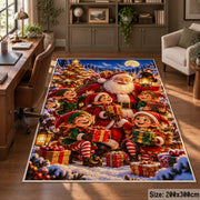 Santa with snowmen, penguin and gingerbread in bright snow area rug, holiday room view 5