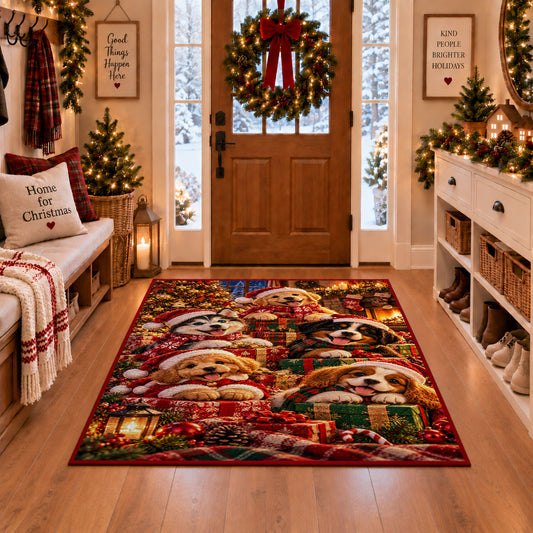 puppies with Santa hats, scarves and wrapped gifts area rug, holiday room view 1