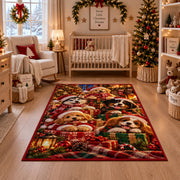 puppies with Santa hats, scarves and wrapped gifts area rug, holiday room view 10