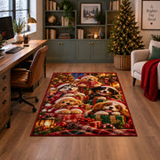puppies with Santa hats, scarves and wrapped gifts area rug, holiday room view 4