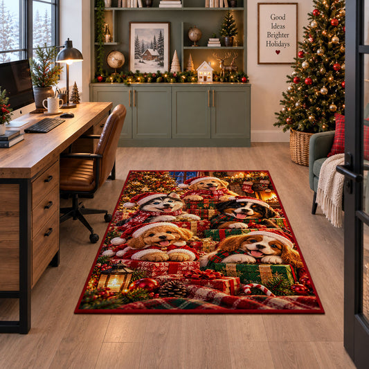 puppies with Santa hats, scarves and wrapped gifts area rug, holiday room view 7