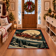 Moonlit reindeer sleigh over a snowy forest Christmas area rug, view 1