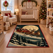 Moonlit reindeer sleigh over a snowy forest Christmas area rug, view 10
